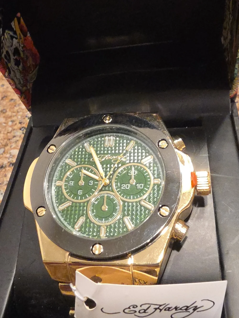 ED HARDY NWT Gold-Tone Men's Watch with Green Dial and Black Bezel